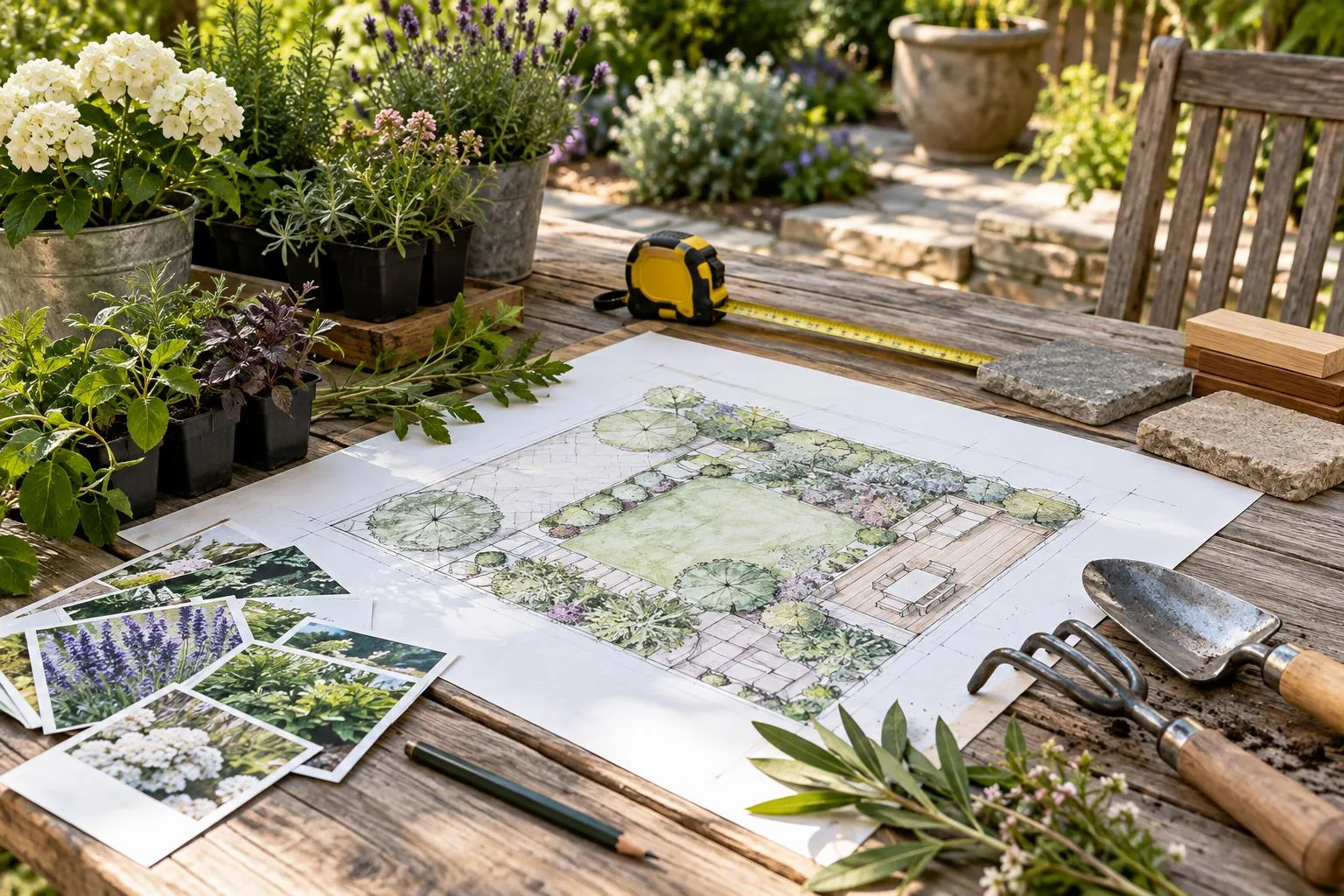 Planung einer Gartengestaltung mit Pflanzen und Materialien